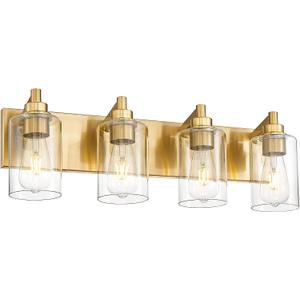 4-Light Bathroom Light Fixtures, Brushed Gold Vanity Light with Cylinder Clear Glass Shade, Modern Vanity Lighting Fixtures Over Mirror, VL143-BG-4