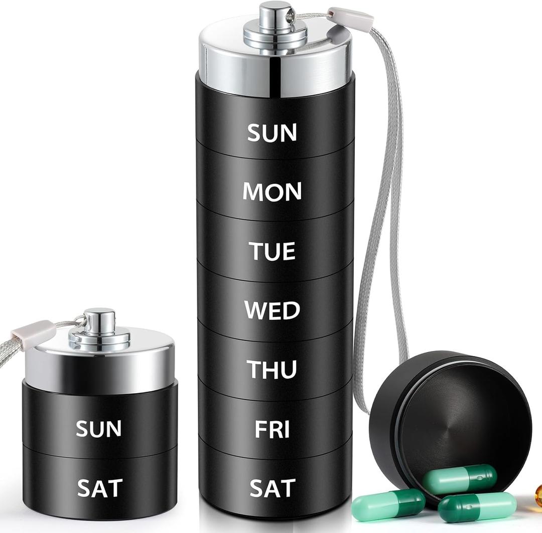 Metal Travel Pill Organizer, Large Weekly Pill Box, Portable Aluminum Alloy Waterproof Container, 7 Day Daily Medicine Organizer Holder for Vitamin, Fish Oil, Supplement, Black