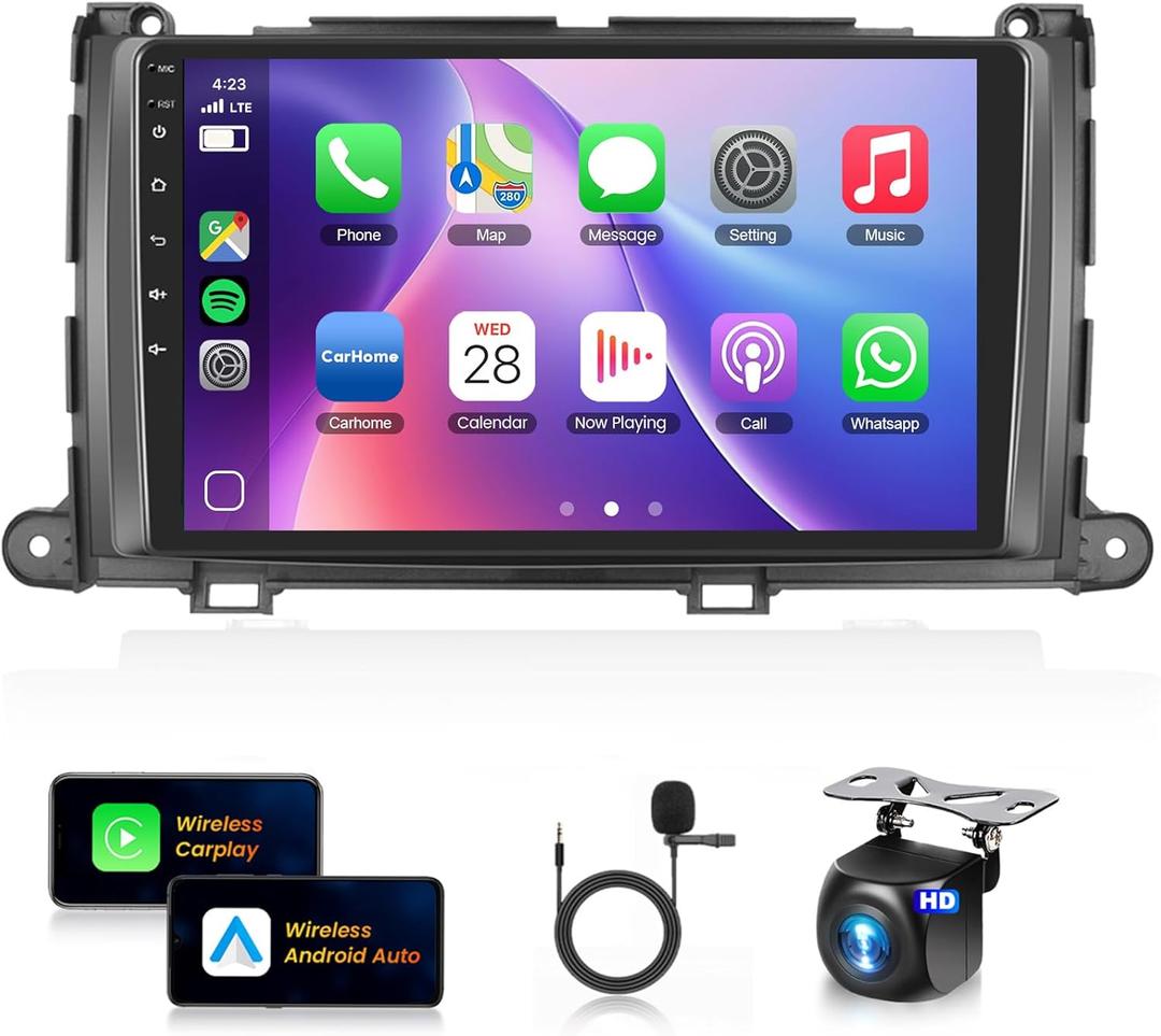 Car Stereo for Toyota Sienna 2010-20148Core 6+128G Wireless Carplay Android Auto,9 inch 1280 * 720P IPS Touch Screen Radio,Android/GPS/WiFi/32EQ DSP Audio/Bluetooth5.0/SWC/Backup Camera