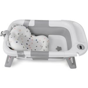 Baby Bathtub for Newborn Infant, Collapsible Baby Bathtub with Temperature Display & Soft Cushion, Infant to Toddler Bathtub, Portable Foldable Travel Bath Tub, 0-24 Months (Grey)