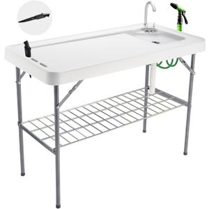 Folding Fish Cleaning Table Portable Camping Sink Table with Faucet Drainage Hose & Sprayer Outdoor Fish Fillet Cleaning Station with Grid Rack & Knife Groove for Picnic Fishing, Grey, 23D x 45W x 37H in