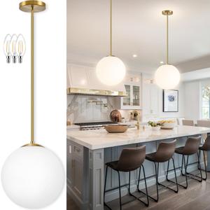 14" Globe Pendant Light 3-Light Gold Mid Century Modern Light Fixture Milk Glass Pendant Light Globe Pendant Lights Kitchen Island Brushed Brass Finished with Milk Glass Lampshade for Bedroom