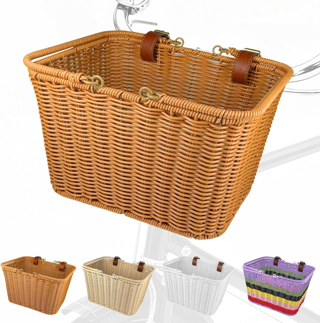 Bike Basket Front, Large Wicker Baskets for Bike, Hand-Woven Bicycle Basket with Iron Framework, Detachable Front Handlebar Bike Basket