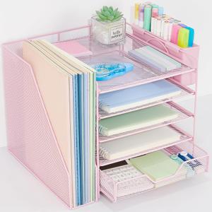 Desk Organizer, 5-Tier Paper Letter Tray Organizer with File Holder, Drawer and Pen Holder, Desktop Organizer for Office Supplies, Pink
