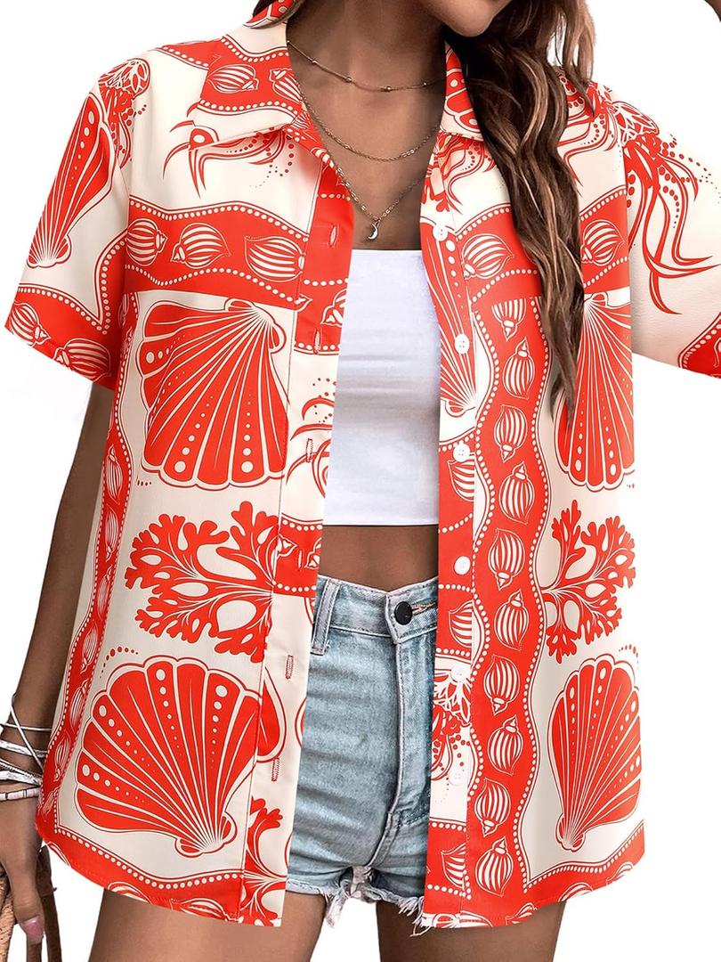 MYMORE  Womens Hawaiian Shirt Luau Party Tropical Vacation Button Down Shirts Short Sleeve Beach Hawaii Floral Print Top (Red, XL)