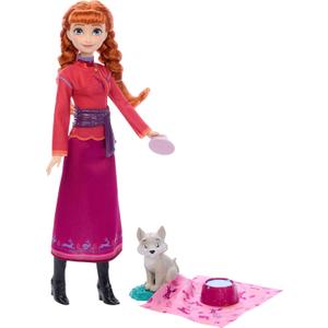 Mattel Disney Frozen Anna Fashion Doll & Wolf Cub Figure with 4 Accessories Including Animal Bed & Blanket, Inspired by Animals of Arendelle