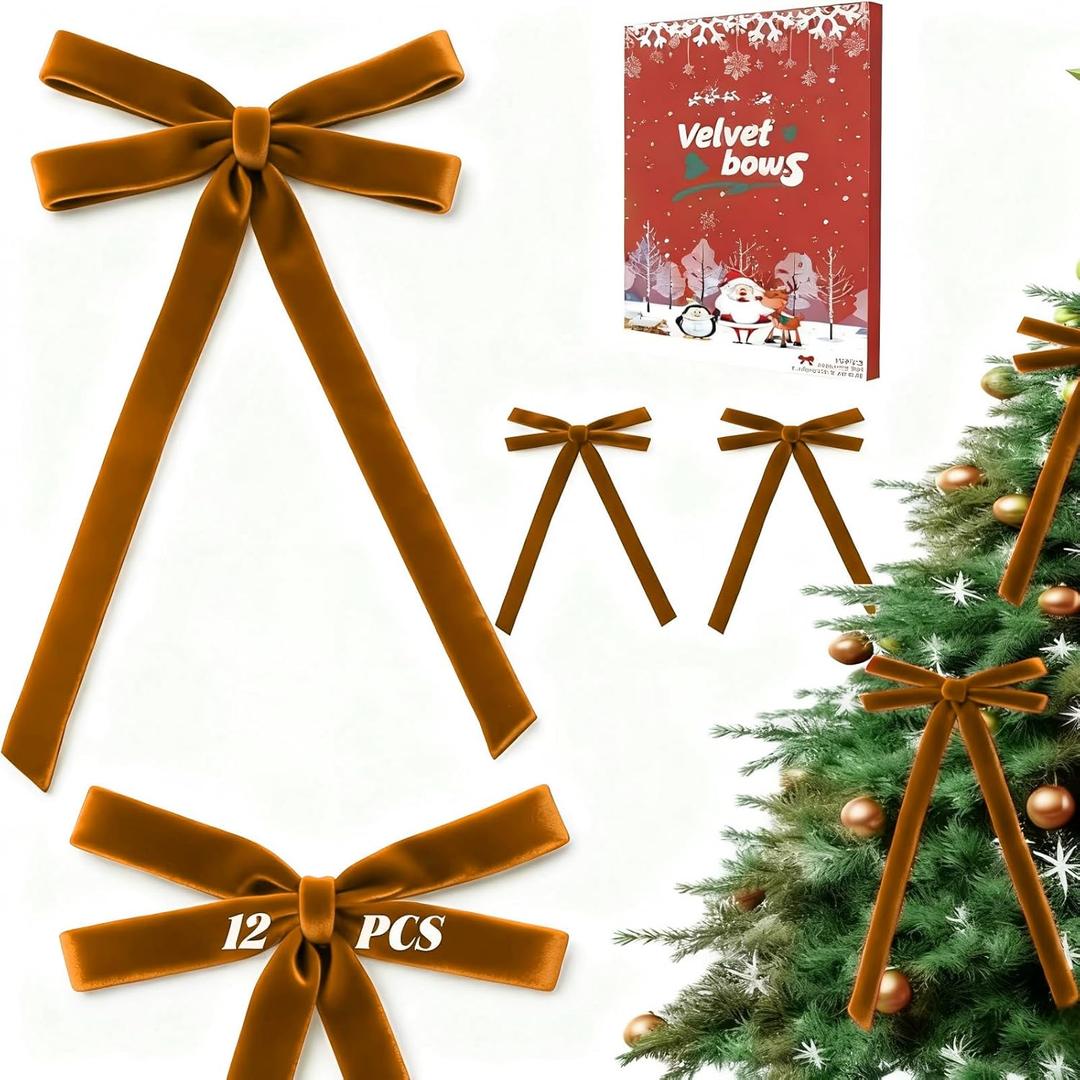 12 Pcs Camel Velvet Bows for Christmas Tree, Rustic Crafts Velvet Ribbon for Wreath, Xmas Home Decor, Wedding, Outdoor & Indoor Holiday Ornaments, Pre-Formed Bows (7.817.7 Inch)