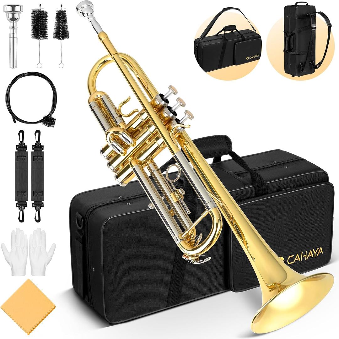 CAHAYA Bb Trumpet Instrument Trompeta: Brass Student Trumpet with Hard Case 7C Mouthpiece Gloves Standard Trumpets for Beginners or Advanced Students Gold (Gold)