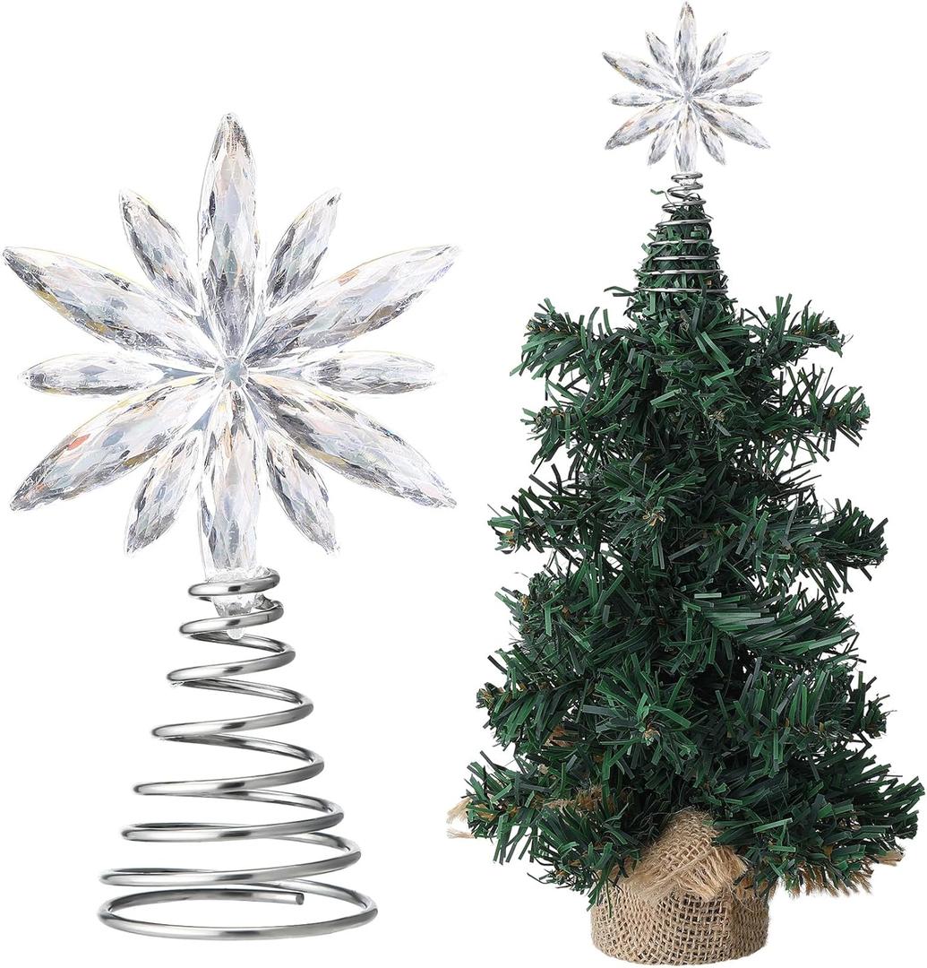 Lenwen Mini Snowflake Tree Topper Christmas Miniature Tree Topper Acrylic Small Snowflake Treetop Decoration Xmas Treetop Ornaments for Winter Holiday Party Decor(Clear,Diamond)