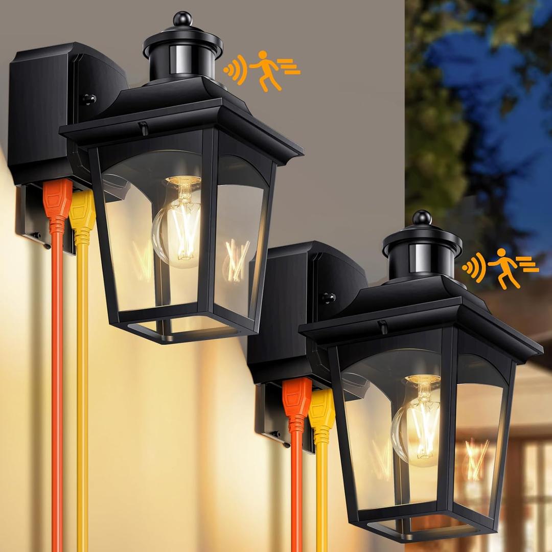 2 Packs Outdoor Lights with GFCI Outlet, Motion Sensor Porch Lights, Dusk to Dawn Exterior Light Fixture, 3 Lighting Modes Waterproof Aluminum Black Outside Wall Sconce for House, Front Door, Garage