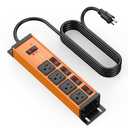 CCCEI Magnetic Heavy Duty Power Strip Surge Protector 20 AMP Individual Switches. 12 Gauge Extension Cord with Multiple Outlets. Garage, Industrial Wall Mount Electric Extender. 4FT, Orange.