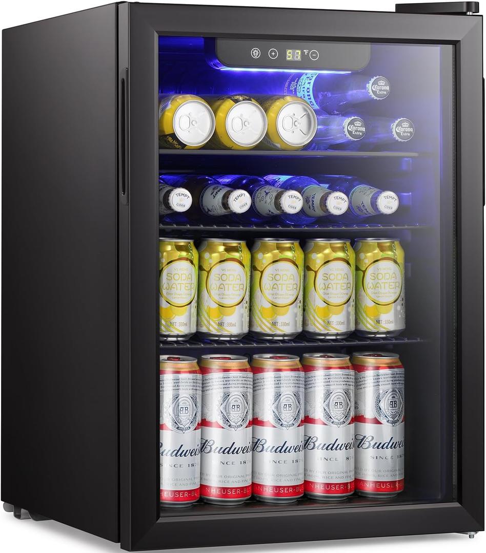 Antarctic Star Beverage Refrigerator Cooler-95 Can Mini Fridge Glass Door for Soda Beer Wine Stainless Steel Glass Door Small Drink Dispenser Digital Display for Home, Office Bar,2.4cu.ft (Black)