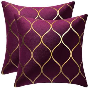DEZENE Gold Velvet Throw Pillow Covers Purple: 2 Pack 16x16 Inch Square Decorative Pillow Cases for Bedroom Sofa Couch Living Room