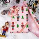 Retrify Nutcracker Christmas Wrapping Paper Roll, 17 Inches x 32.8 Feet Pink Gift Wrap for New Year Holiday, Christmas Tree/Snowflake/Star Design