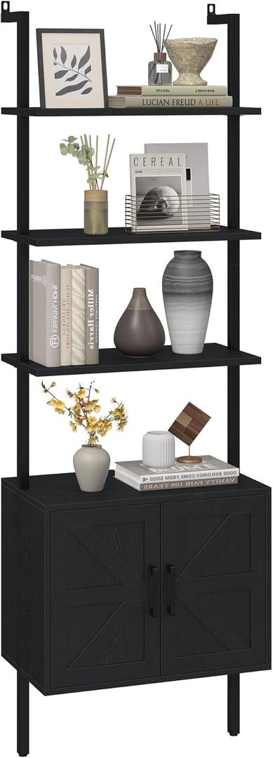 Yusong 73" Tall Bookshelf with Cabinet, Industrial Ladder Wall Mount Shelf Farmhouse Bookcase with Wood and Metal Frame, Plant Shelf Wall Storage Display for Living Room Bedroom, Farmhouse Black