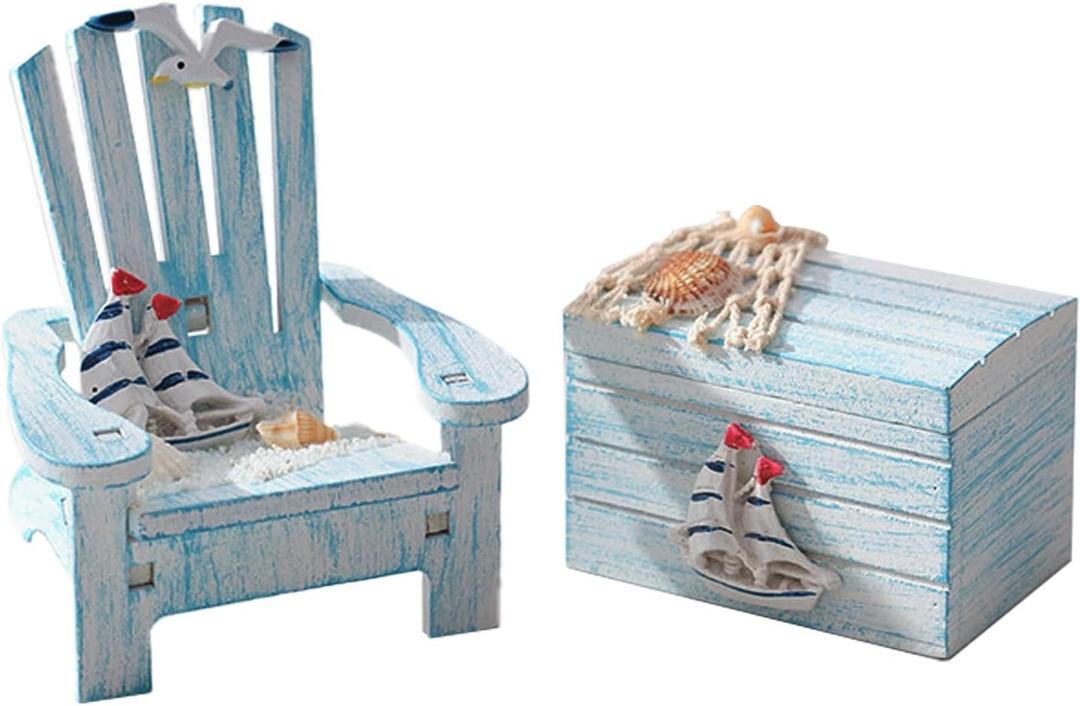 2 Pack Wooden Handmade Mini Chair Box Beach Decor Nautical Theme Decoration for Home Office Desk (Sailboat)