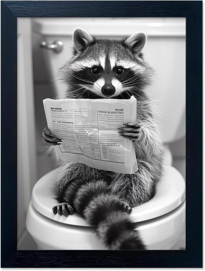 Cute Raccoon Wall Decor Animal Bathroom Wall Art Black and White Raccoon on Toilet Canvas Picture Print Farmhouse Framed Cute Painting Restroom Decoration Ready to Hang (16"L x 12"W, JK0303)