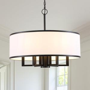24" 6-Light Drum Chandelier, Modern Large Drum Pendant Light Fixtures with White Shade, Black Chandelier Hanging Ceiling Light for Dining Room Living Room Foyer Kitchen Entryway, Adjustable Height