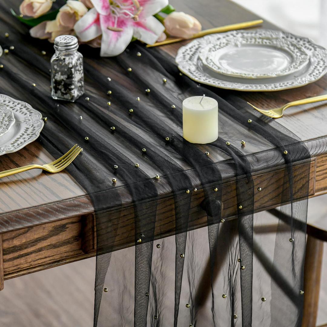 Artoid Mode 6PCS Pearl Black Gauze Table Runner 120 Inch 10FT, Seasonal Sheer Dining Holiday Wedding Birthday Baby Shower Table Decor for Home Party, 28" x 120", 6pc