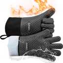 Kitchen Oven Gloves - Dual-Layer Heat Resistant Grilling Gloves, Silicone Oven Mitts with 5 Fingers, Waterproof Non-Slip Pot Holder for Barbecue, Cooking, Baking (Small, Black Long)