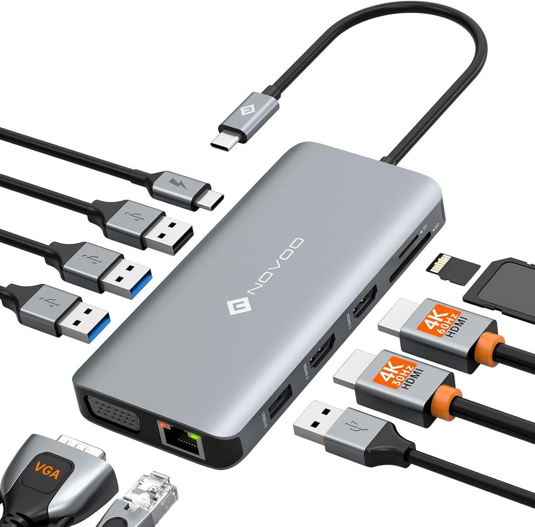 USB C Docking Station Dual HDMI Adapter, 11 in 1 Multi Display Docking Station Dual Monitor with 2 HDMI, VGA, 100W PD, 4 USB, USB C Hub Multiport Dongle Compatible with MacBook/ Dell/ HP/ Lenovo Laptops