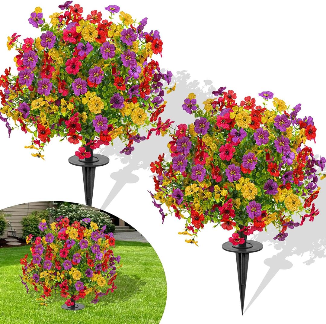 23" Set of 2 Artificial Boxwood Topiary Ball with Violet Flowers with Spikes for Outdoor, UV Resistant Faux Greenery Shrubs, Realistic Fake Bushes Plants for Garden, Yard, Front Porch, Patio Decor