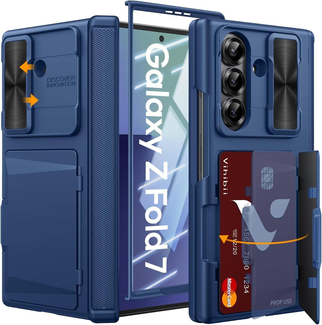 Vihibii for Samsung Galaxy Z Fold 7 Case Wallet with Card Holder & Slide Camera Lens Cover & Outer Screen Protector & Rugged Hinge Protection, Shockproof Phone Case for Galaxy Z Fold 7 5G 2025, Blue