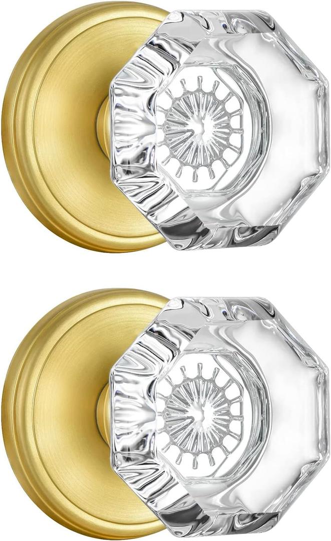 CLCTK 2 Pack Gold Dummy Door Knobs Interior, Non Turning Crystal Glass Dummy Door Knobs for Hall Closet Bifold, Satin Brass Finish
