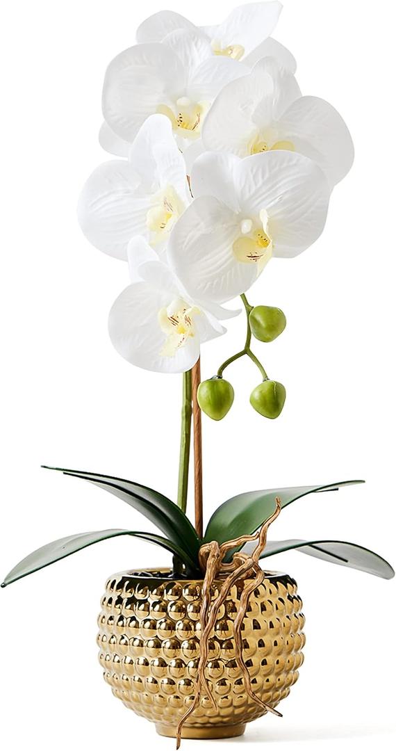 Orchids Artificial Flowers, 15" Faux Orchid in Gold Flower Pot Real Touch Flowers in Pot Large Flower Arrangements Artificial Centerpiece for Home Living Room Bathroom Kitchen Decoration (White)
