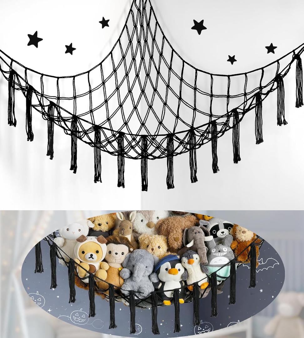 Stuffed Animal Storage Hammock or Net Corner - Large Toy Hammock Net for Stuffed Animals Room Decor - Cute Stuff Animal Organizer Plush Holder - Kids Baby Nursery Essentials Wall Bedroom Home Decor (Standard(41.5"L x 55.2"W x 41.5"H), Black)