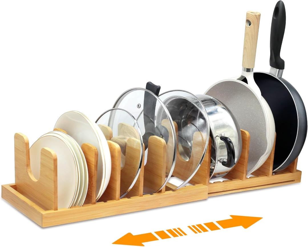 MinBoo Bamboo Expandable Pot Lid Organizer, Pot and Pan Organizer Drawer Organizer for Pot Lids, Adjustable 8 U-Shaped Dividers for Kitchen Cabinet Organizers and Storage (Bamboo-1)