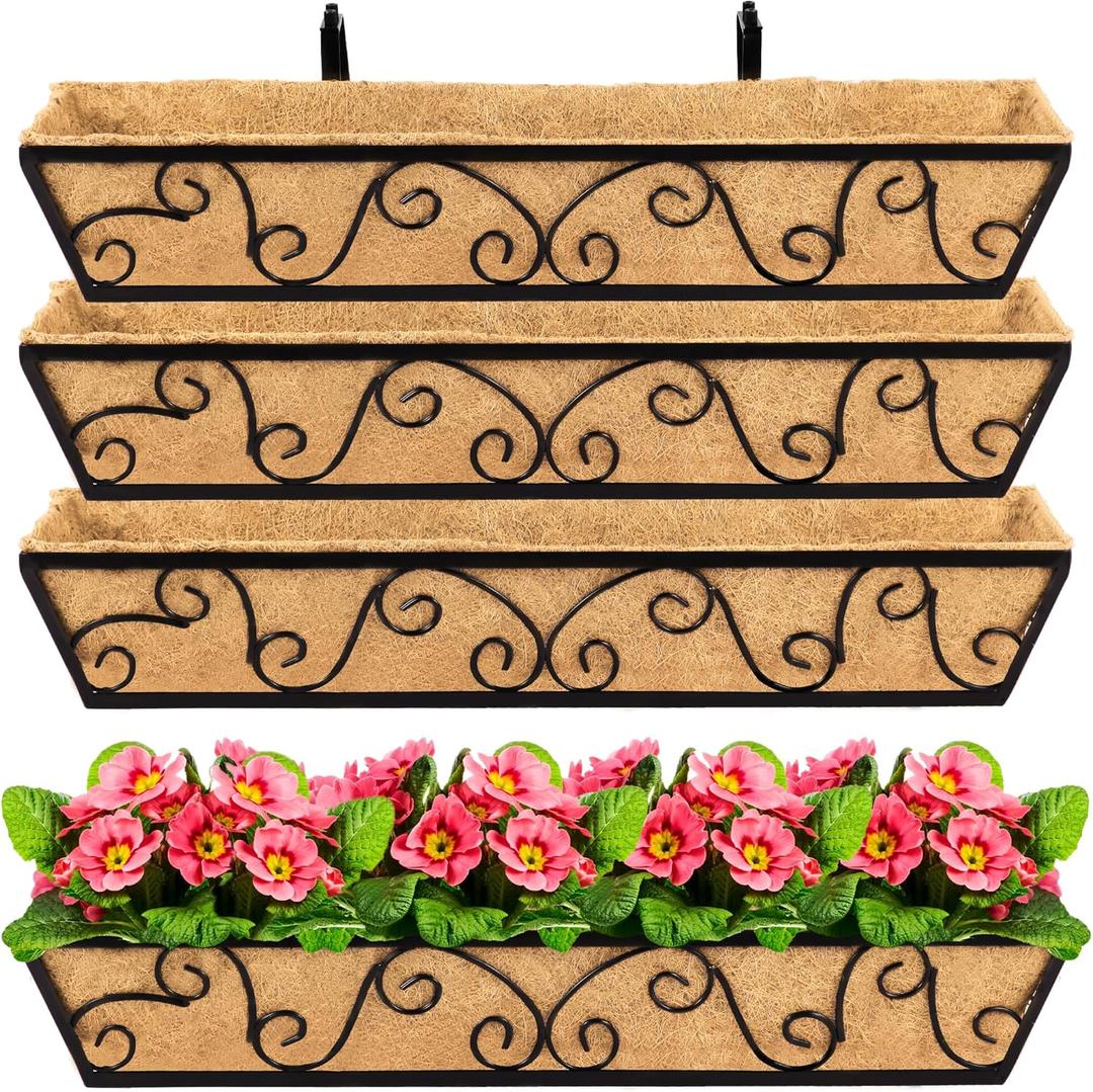 4pcs 30 Inch Window Deck with Coco Liner, 30" Window Boxes Horse Trough with Coconut Coir Liner, Metal Hanging Flower Planter Window Basket Deck Railing Planter Boxes for Outdoor Indoor Lawn