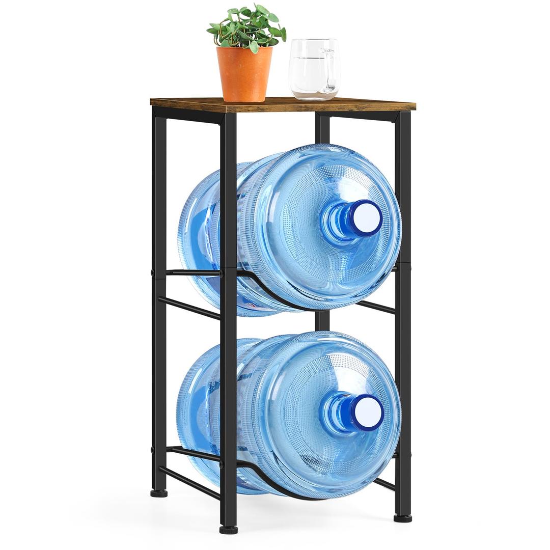 Brown Heavy Duty 5 Gallon Water Bottle Holder - 2 Tier Water Cooler Storage Rack With Top Shelf - Dispenser Stand for Kitchen, Living Room, Office