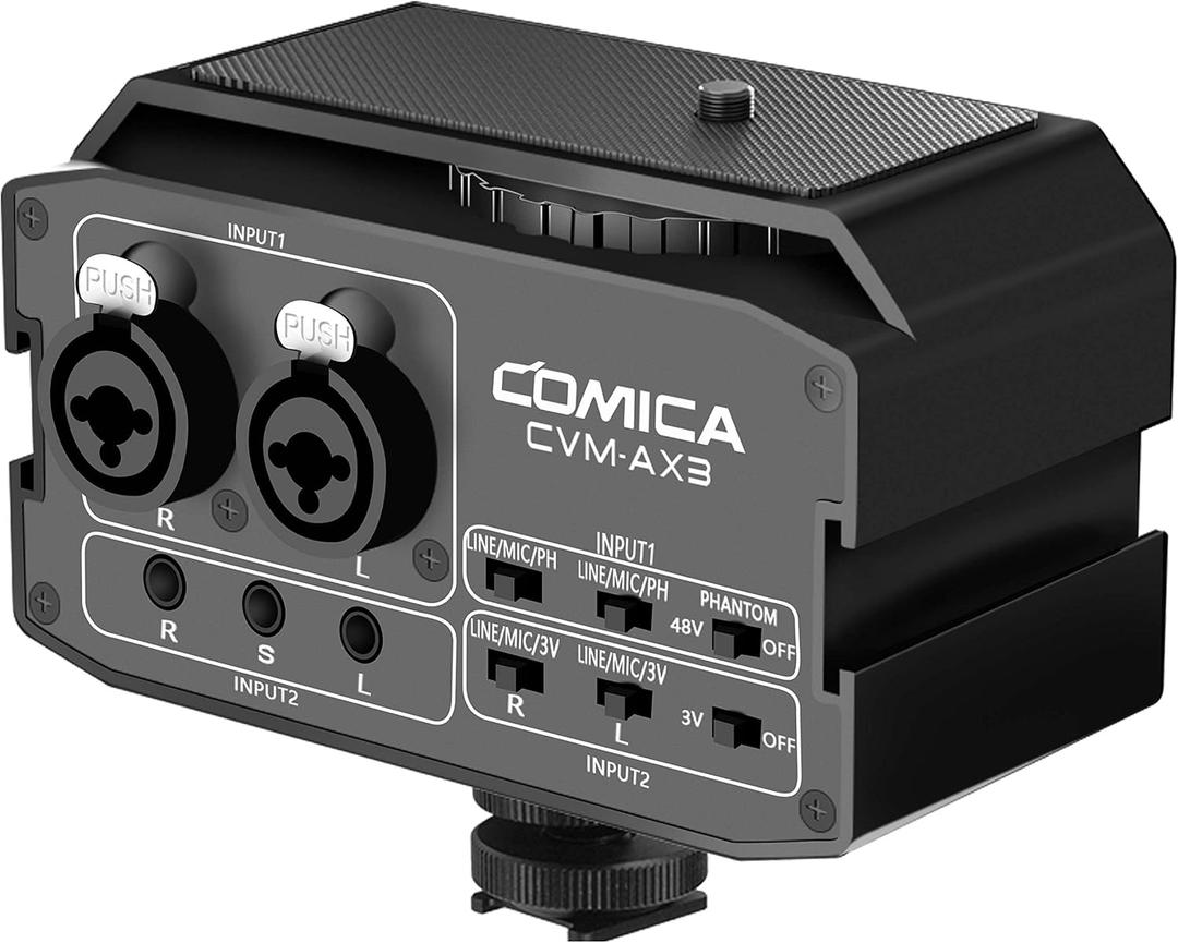Comica CVM-AX3 Audio Mixer, Dual XLR/3.5mm/6.35mm Mic Preamp 9V Phantom Power with Real-time Monitor for Interview Guitar Recording Canon Nikon DSLR Camera Camcorder