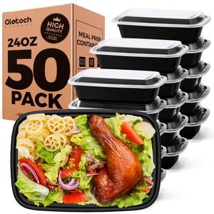 100-Piece (50-Pack) 24 OZ Meal Prep Containers Reusable with Lids, Sturdy Leakproof & Food Safe, Microwave, Freezer, Dishwasher Safe To Go Food Containers, Plastic Take Out Containers, Black