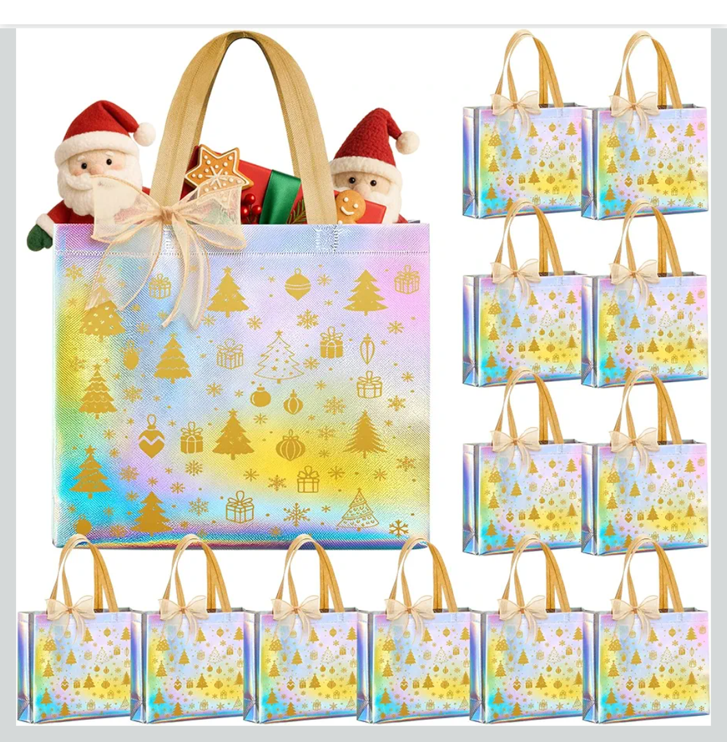 Henoyso 12 Pcs 13" Christmas Reusable Gift Bags, Large Iridescent Gift Bags with Gold Handle and Ribbon, Non-woven Christmas Holographic Tote Bulk for Xmas Presents Wrapping Party Favor Supplies