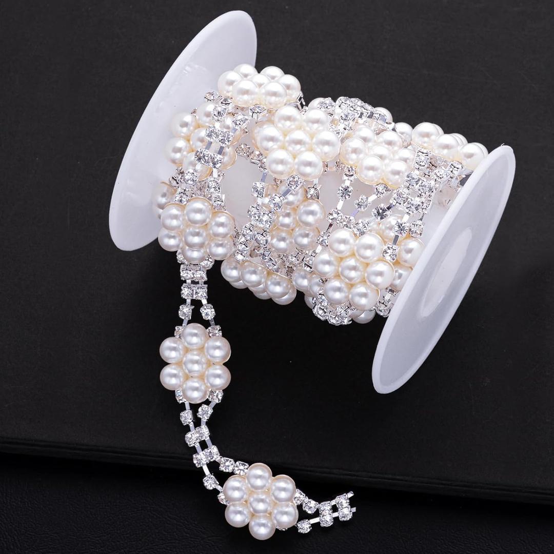 1 Yard Rhinestone Chain Trim Applique Embellishment, Crystal Chain Banding Diamond Inlaid White Pearl Beaded for DIY Jewelry Crafts Decorations, Wedding Party, Garland Strings (Pearl-1)
