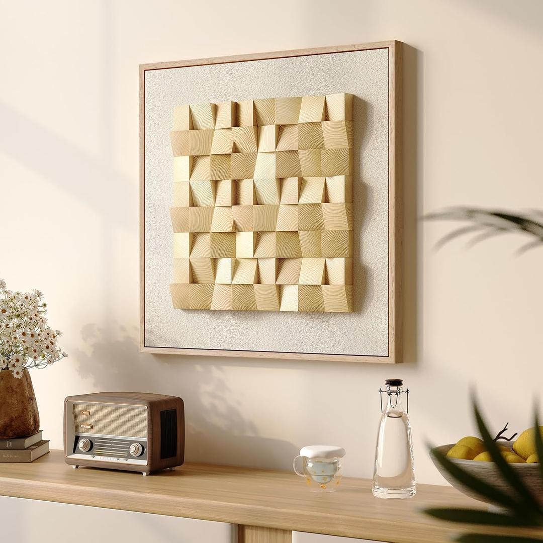 Framed 3D Wood Textured Wall Art, Large Modern Beige Geometric Wooden Artwork for Walls, Minimalist Neutral Square Paintings Wall Decor for Living Room, Dining Room, Bedroom, Office, 28x28 Inch