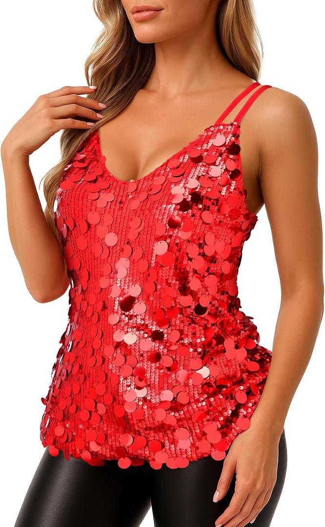 Women's Sequin Tank Tops Fashion Sleeveless V Neck Camisole Sparkle Strappy Halter Shirt for Party Christmas Concert Outfits (Medium, Red)