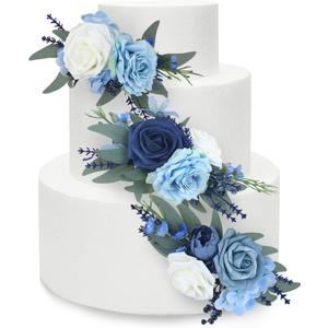Rinlong 3Pcs Pre-made Cake Flowers Navy Blue Cake Decorations Wedding Cake Decorating Flowers Decor Christening Birthday Baby Shower Baptism Party Cake Toppers