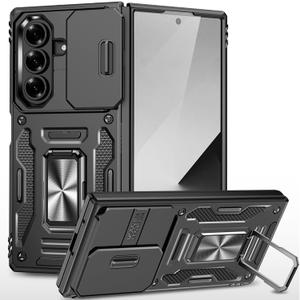 Ring Kickstand Magnetic Case Compatible with Samsung Galaxy Z Fold 7 with Slide Camera Lens Protector, Rotate Metal Stand, Military Grade Protection, Heavy Duty Anti-Scratch Shockproof Phone Case (Black)