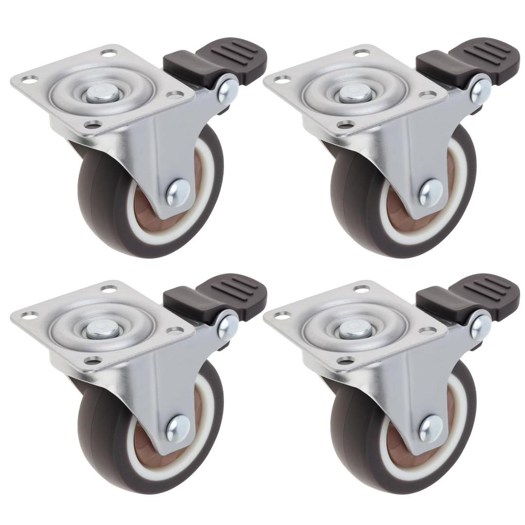 2 Inch Plate Swivel Caster Wheels Set of 4, No Noise Rubber Wheels with Locking Brakes, Small Casters Load Capacity 208LBS,Ball Bearing Plate Swivel Castors for Small Furniture, Worktables