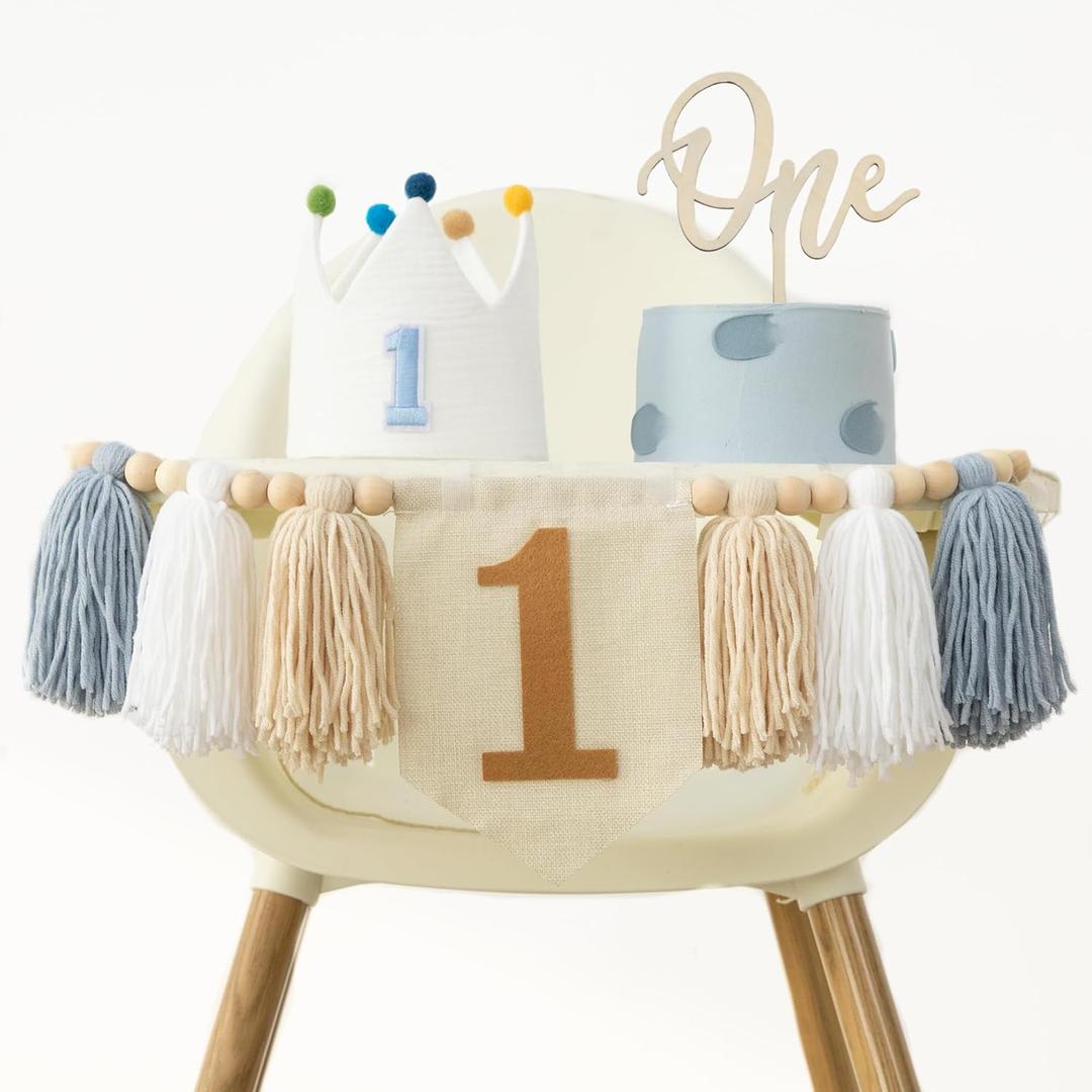 Baby Boy 1st Birthday Party Decorations For Handmade Tassel Garland Highchair Banner With Cake Topper Crown Hat