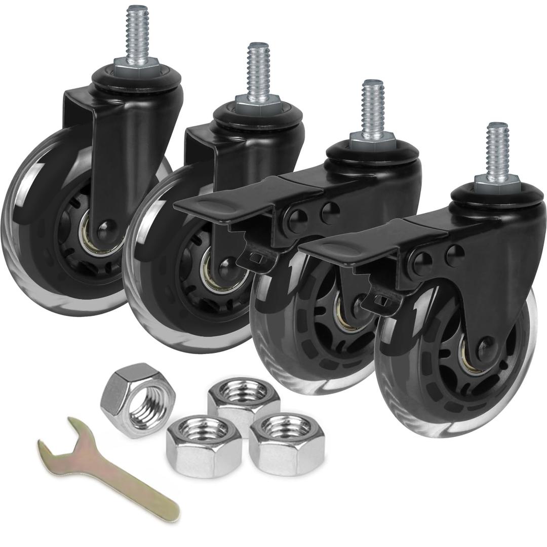 8T8 3 Inch Rubber Caster Wheels Heavy Duty with 2 Brakes, 3/8"-16 x 1" Threaded Stem Casters Set of 4 (Screw Diameter 3/8", Length 1"), Quiet and Smooth Rolling Castors for Furniture Hardwood Floors
