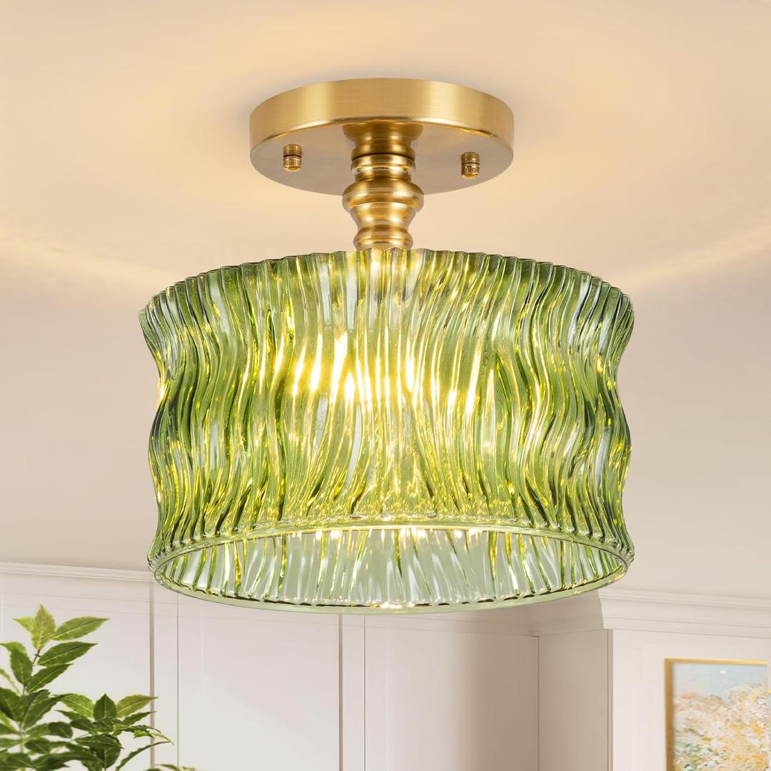 Semi Flush Mount Ceiling Light, Vintage Lights Fixture Ceiling with Green Ripple Glass Shade for Kitchen, Hallway, Living Room, Bedroom, Corridor, 4.72" Base, Bulb Not Included
