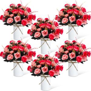 Domensi 6 Sets Valentine's Day Centerpiece for Table Artificial Rose with Vase Fake Bouquets and Metal Pot Floral Arrangements for Wedding Holiday Party Event Table Decor (Rose Red)