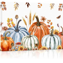 Fall Orange Blue Pumpkin Canvas Print Wall Art Brown Leaves Butterfly Botanical Thanksgiving Harvest Wall Decor Modern Artwork Paintings for Living Room Stretched and Framed Ready to Hang 16" x 24"