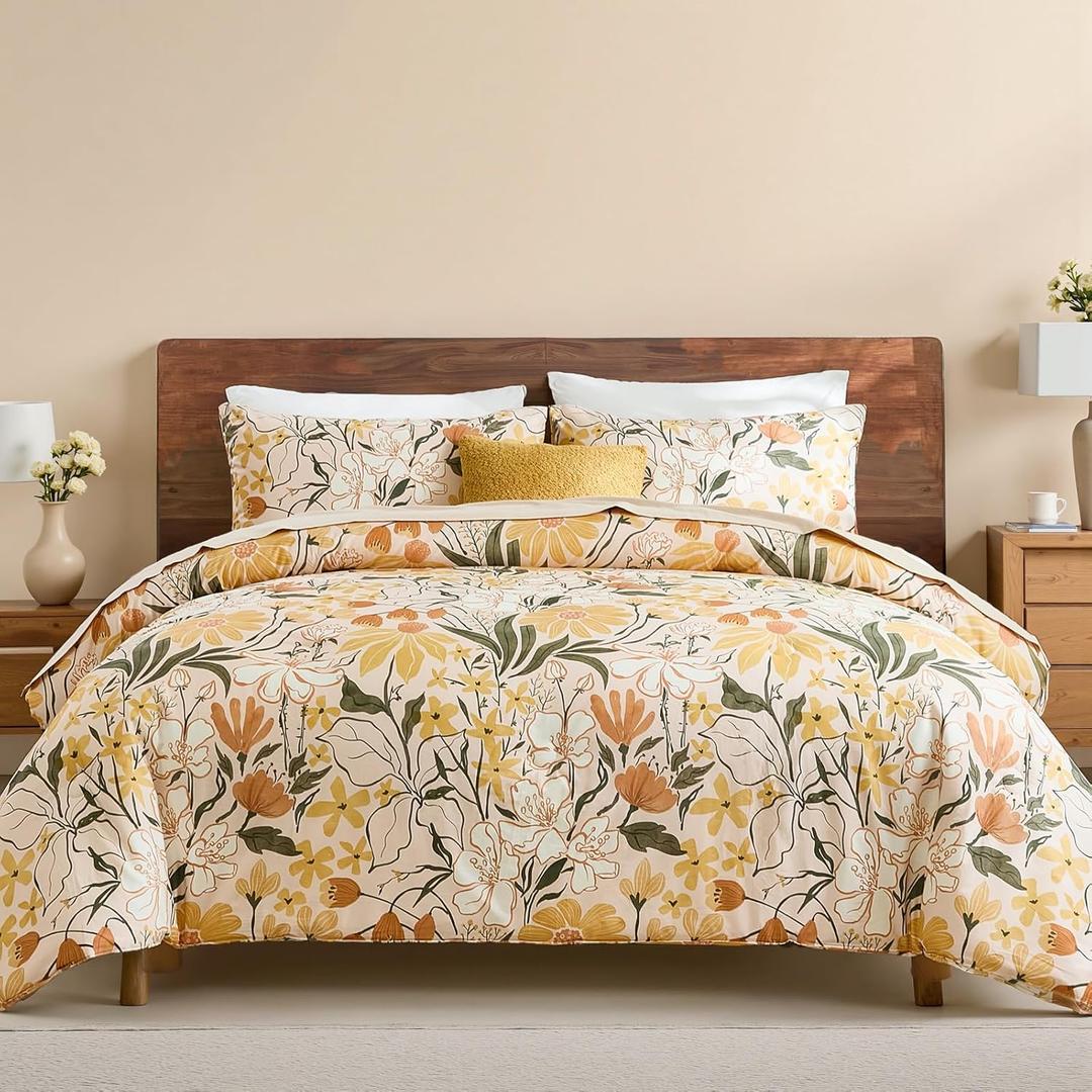 Bedorm 100% Cotton Comforter Set Queen Floral Bedding Set Yellow Flower Green Leaf Print French Country Bedding Extra Soft & Breathable Bedroom Comforter