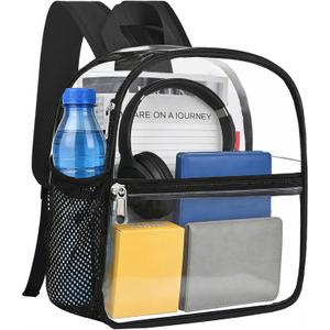 Busiuw Clear Backpack for Stadium Events 12x12x6, Clear Bag Stadium Approved Mini Small Sports Fan Backpacks with Front Pocket for Sport Concert Work Travel(Enhanced Straps,Black)
