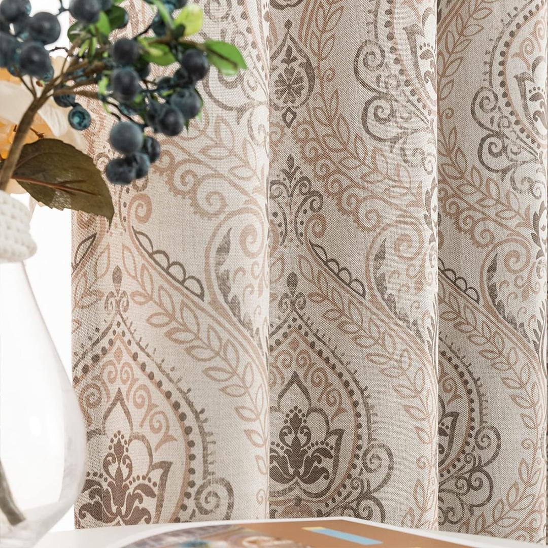 Jinchan Linen Textured Curtains for Living Room Darkening 63 Inch Length, Medallion Drapes for Bedroom, Damask Pattern Window Treatments Vintage Curtain Panels, 2 Panels Taupe on Greige